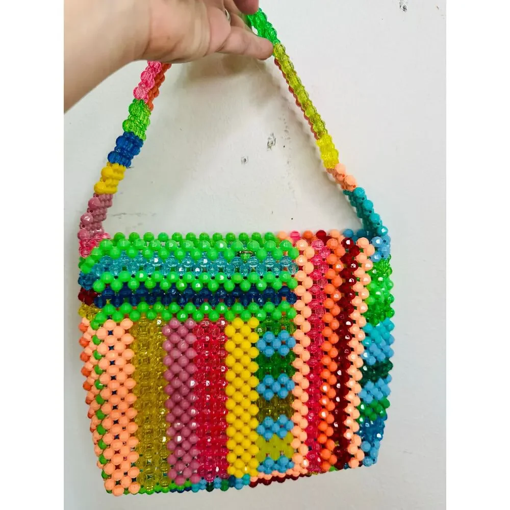 SUSAN ALEXANDRA Rainbow Colorful Beaded Beautiful Geometric Top Handle Bag